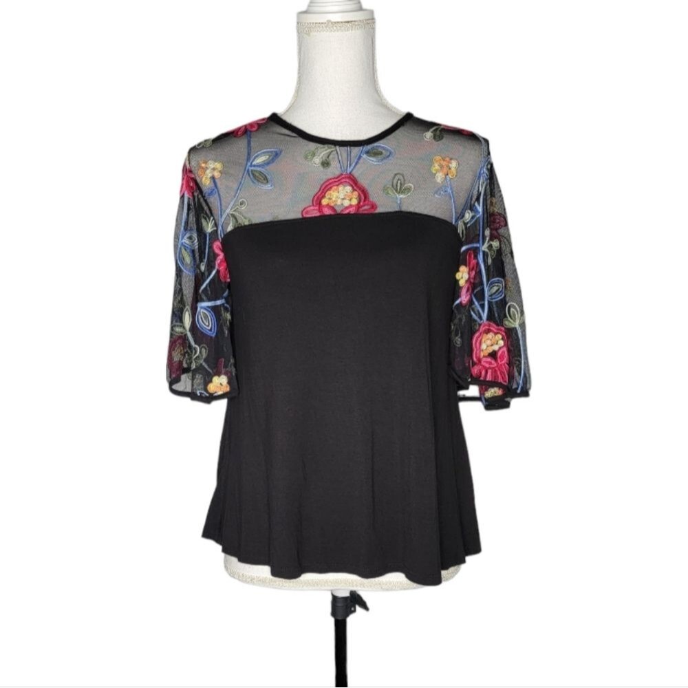 Kim & Cami Boutique Brand Sheer Illusion Embroidered Flutter Sleeve Blou…